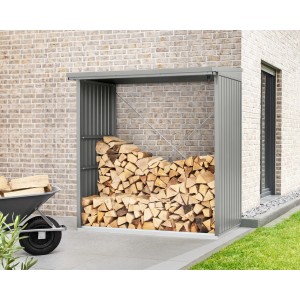 EcoStar Kaminholzregal Trend-V Typ 2 aus Metall, graualuminium, mit Kaminholz gefüllt.