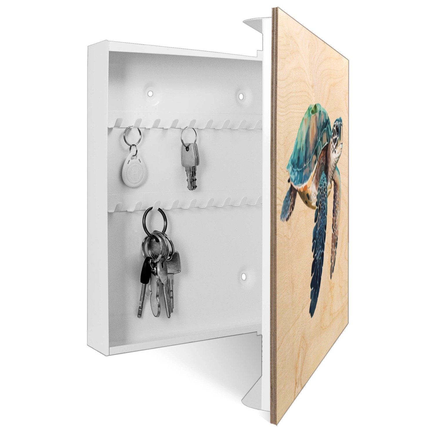 Weißer Schlüsselkasten aus Holz mit Meeresschildkröten-Motiv, 50 Haken, Scharnier rechts.