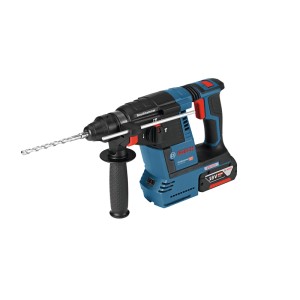 Blauer Bosch Professional Akku-Bohrhammer GBH 18V-26 mit SDS Plus Bohrfutter, Tiefenanschlag und 18V Akku.