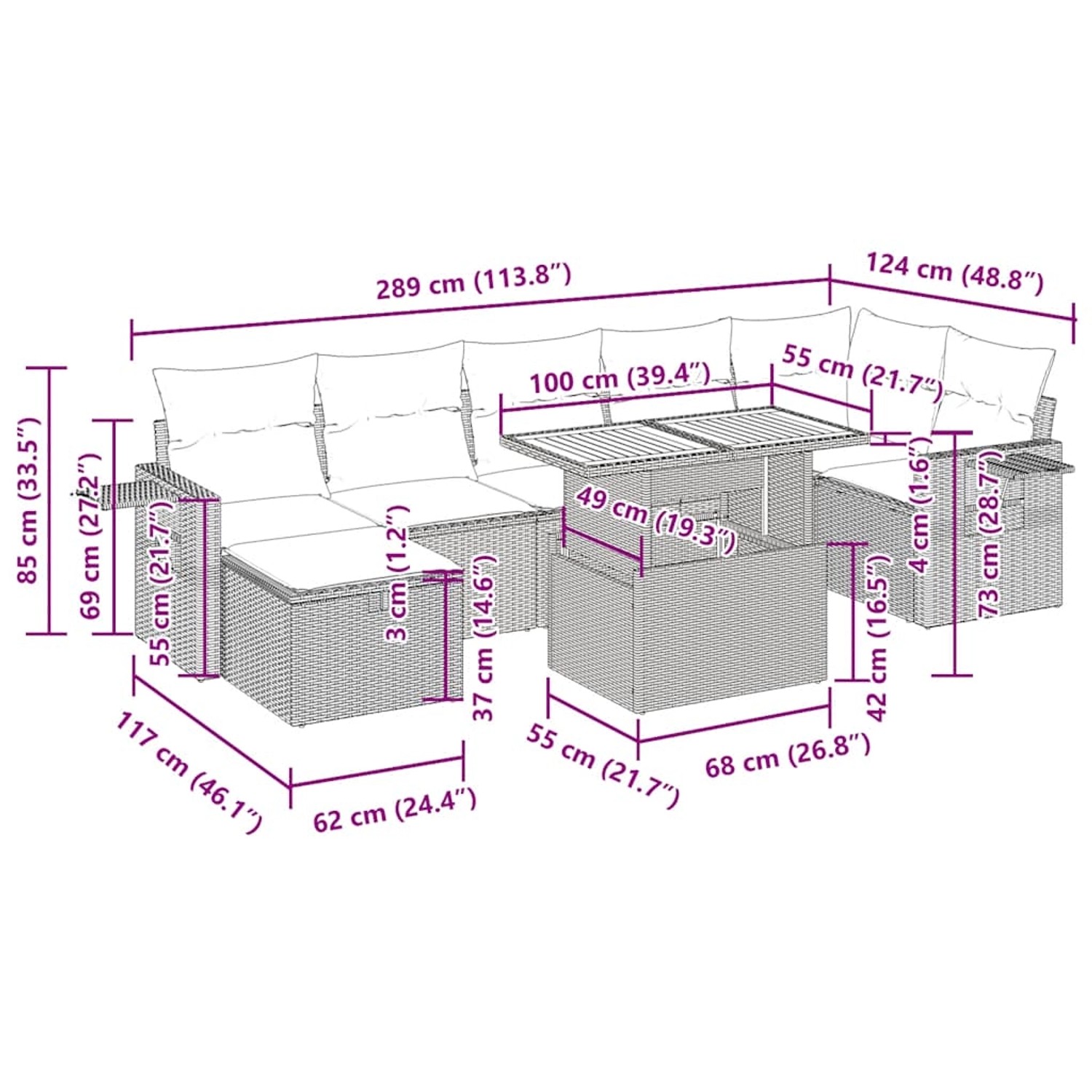 vidaXL 5-Tlg. Garten-Sofagarnitur Beige Poly Rattan Akazie, Maße