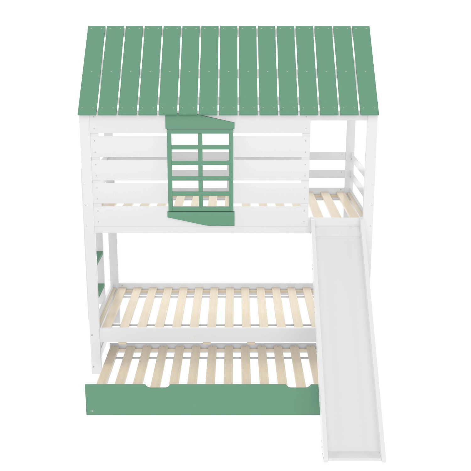 okwish Etagenbett 90x200cm mit Rutsche Ausziehbett Kinderzimmer Weiß Grün ohne Matratze