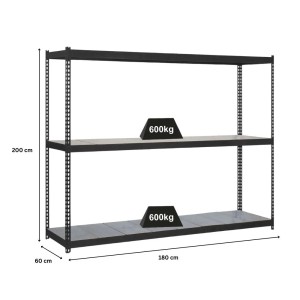 Anthrazitfarbenes PROREGAL Schwerlastregal Metal Beast Three, 200x180x60 cm, Fachlast 600 kg.
