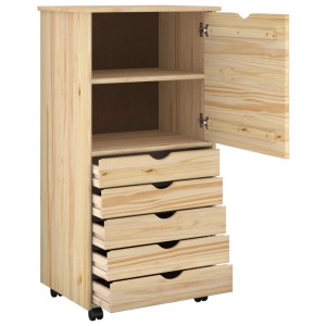 Brauner vidaXL Rollschrank aus Kiefernholz mit 5 Schubladen und Regalfach, Tür geöffnet.