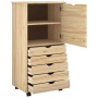 Brauner vidaXL Rollschrank aus Kiefernholz mit 5 Schubladen und Regalfach, Tür geöffnet.