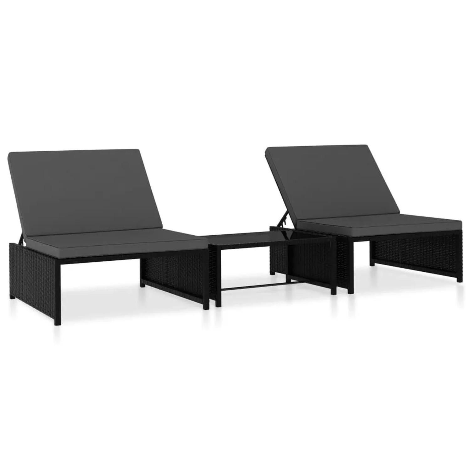furnicato Sonnenliegen 2 Stk. mit Tisch Poly Rattan Schwarz