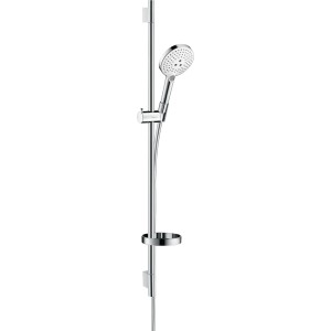 Hansgrohe Raindance Select S Brauseset mit Brausestange (90cm), Handbrause und Seifenablage in Weiß-Chrom.