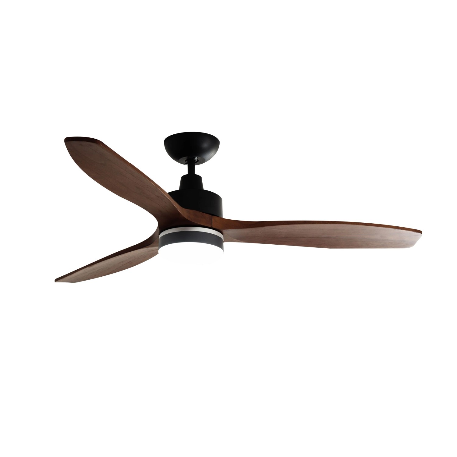 Energiespar Deckenventilator Notos mit LED, dimmbar und Fernbedienung, Gehäuse schwarz, Flügel in Holzdekor.