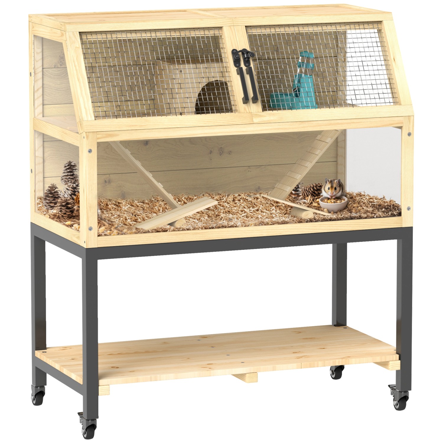 PawHut Zwerghamsterkäfig Tannenholz Stahl Naturholz 87L x 43B x 101H cm