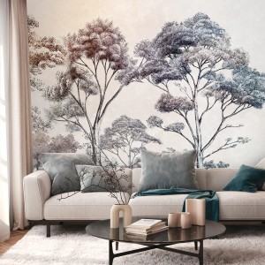 Fototapete Wald in Creme, Blau, Orange und Braun. Vliestapete mit Waldmotiv für Wohnräume.