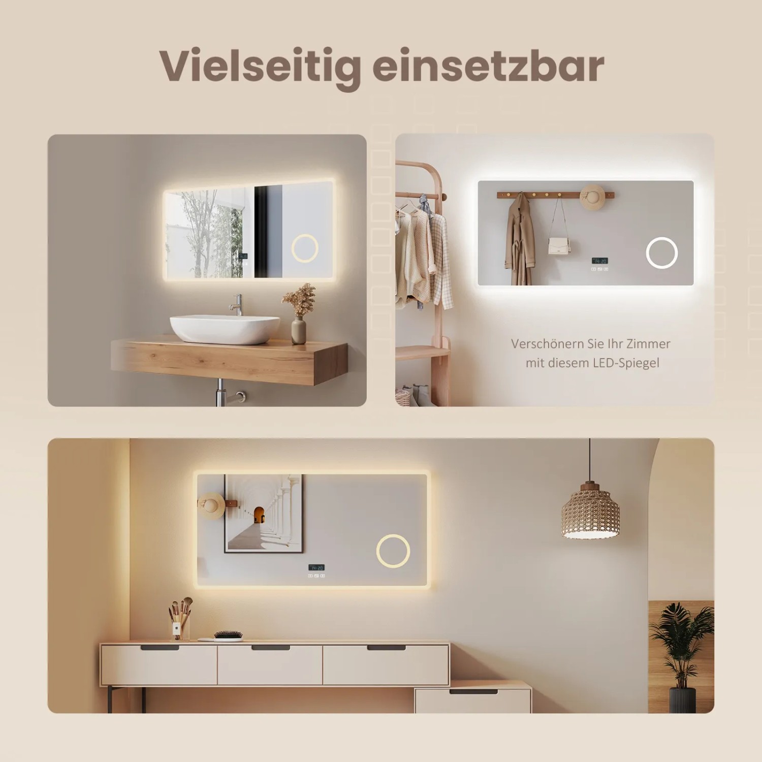 Emke Badspiegel mit LED-Beleuchtung in verschiedenen Nutzungsszenarien.