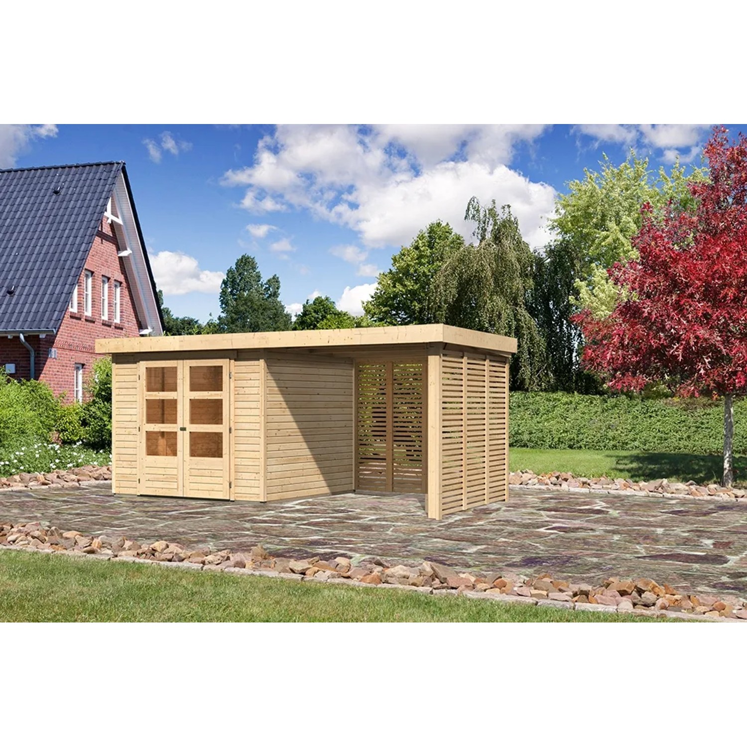 Karibu Holz-Gartenhaus Boras mit Flachdach und Anbau, unbehandelt.