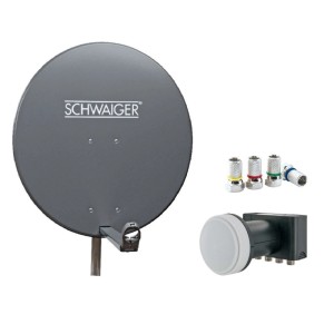 Schwaiger Antennen-Set: Anthrazit 80 cm Satellitenschüssel, Quad-LNB und farbige F-Stecker für 4 SAT-Teilnehmer.