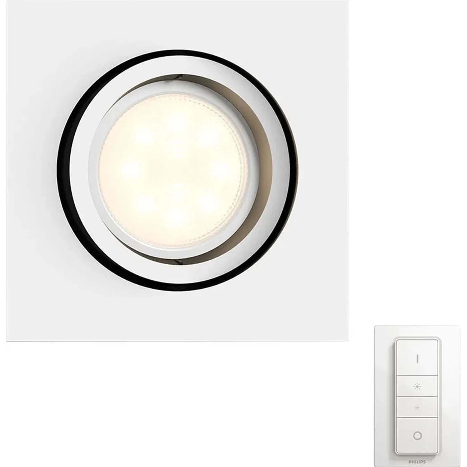 Philips Hue Milliskin LED-Einbauspot, rechteckig, weiß, mit Dimmschalter.
