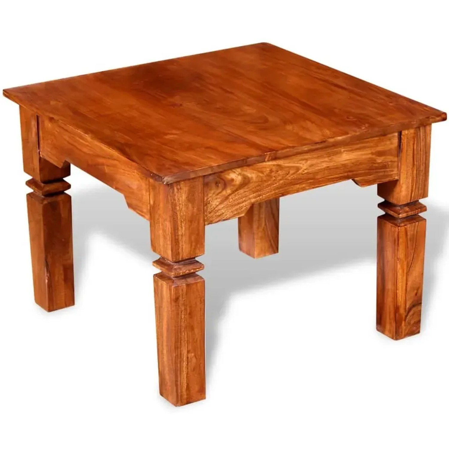 Quadratischer Couchtisch aus Akazienholz, honigfarben lasiert, 60x60x45 cm. Tisch für Wohnzimmer.