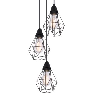 Globo Pendelleuchte Isabella, schwarz-matte Hängelampe mit drei gitterförmigen Lampenschirmen.