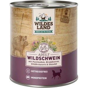Dose Wildes Land Hunde-Nassfutter Adult Wildschwein mit Pastinake, 800g.