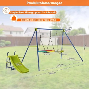 Costway 4-in-1 Schaukelset mit Rutsche, Nestschaukel, U-förmiger Schaukel und Basketballkorb für Kinder.