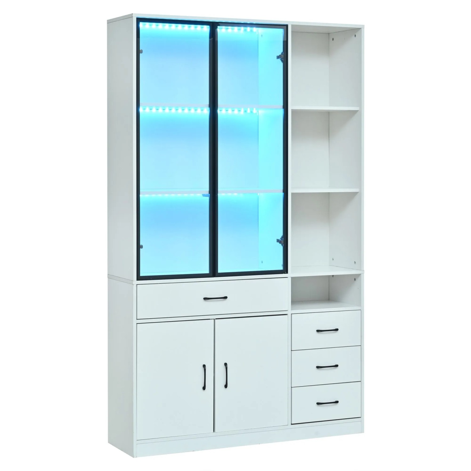 Merax Hochschrank 120x35x200cm LED Glasvitrine Weiß