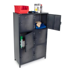Rikta Vintage Metallschrank mit 6 Türen, teilweise geöffnet, zur Werkzeugaufbewahrung.