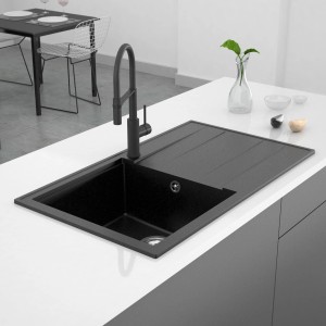 Moderne graphitfarbene Miló Einbauspüle Luxuria 86 aus Granitverbundstoff mit Abtropffläche.
