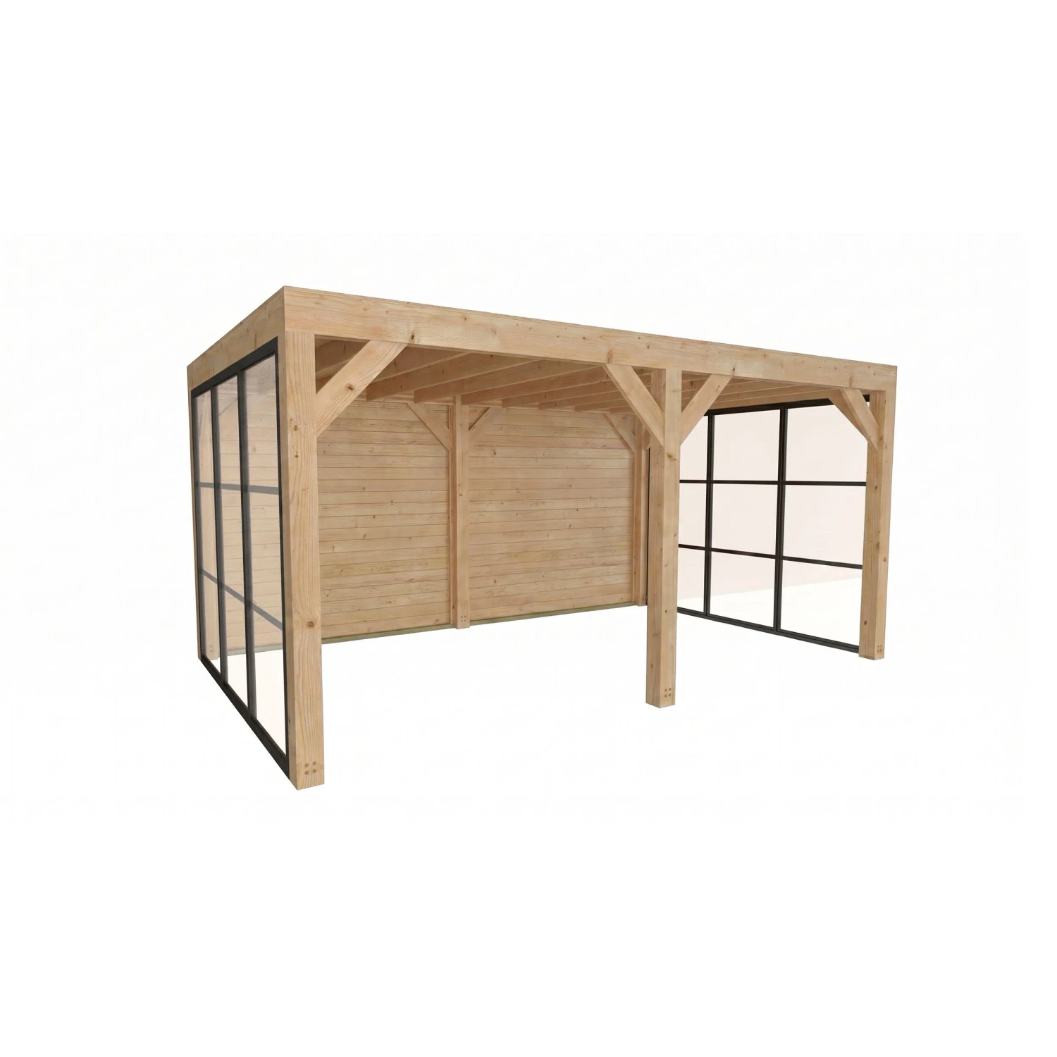 Moderne weka Gartenlaube Lumley aus Fichtenholz mit Flachdach, robusten Pfosten, Glas- und Holzwänden. Terrassenüberdachung.