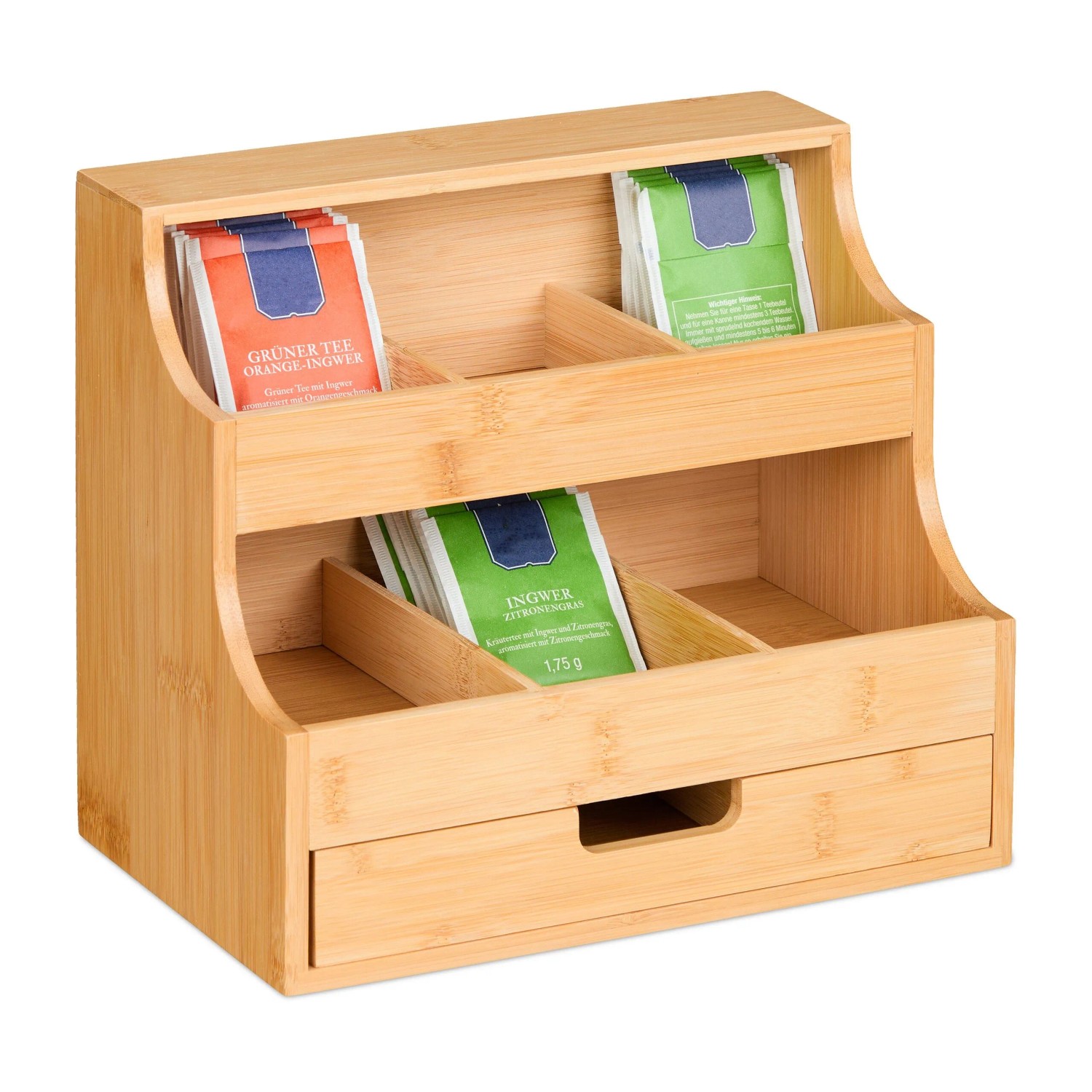 Relaxdays Tee Organizer Bambus Natur mit Schublade 9 Fächer 24 cm x 27 cm x 17 cm 1,6 kg