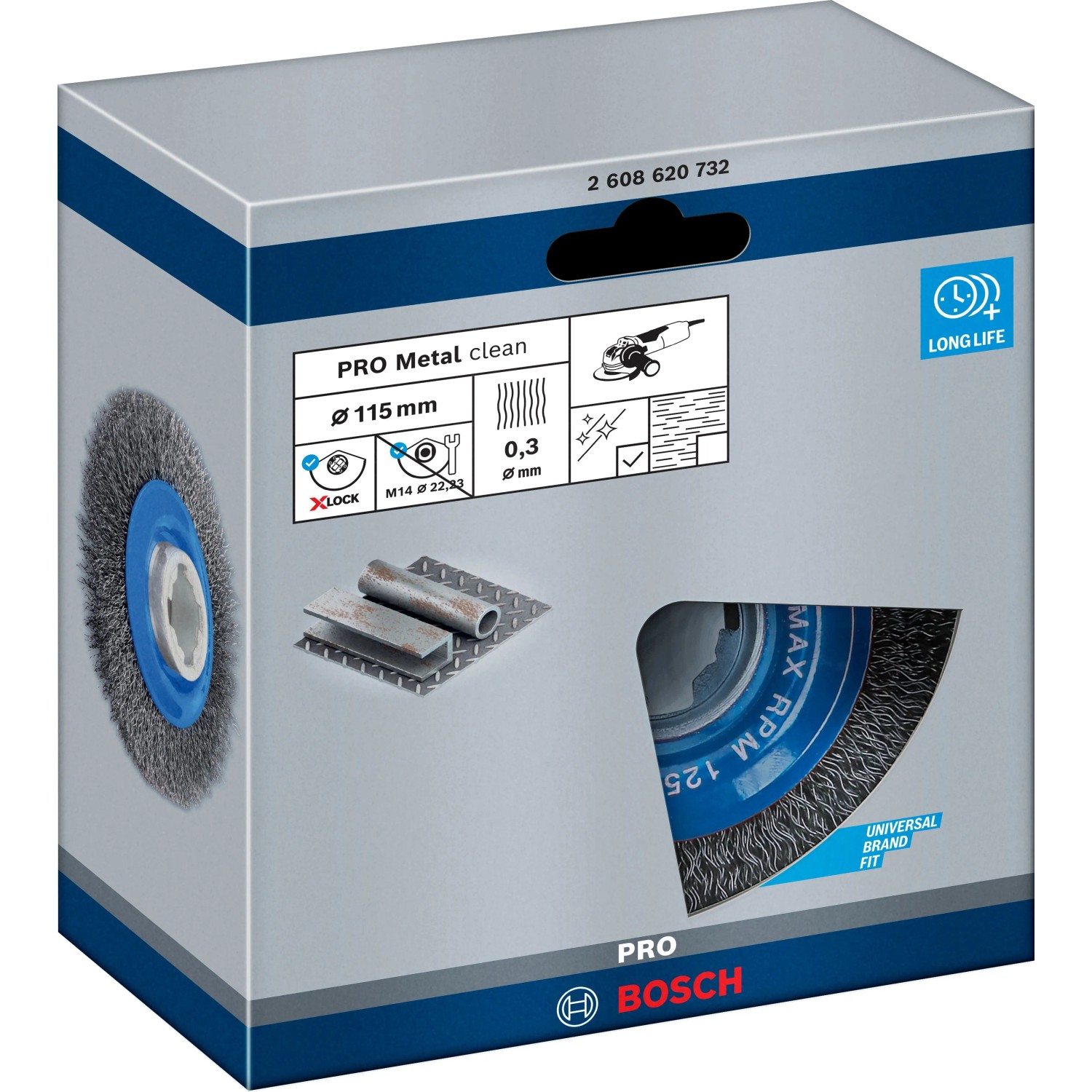 Bosch X-Lock Scheibenbürste Clean for Metal mit gewelltem Draht in blauer Verpackung. Zubehör für Winkelschleifer zur Metallreinigung.