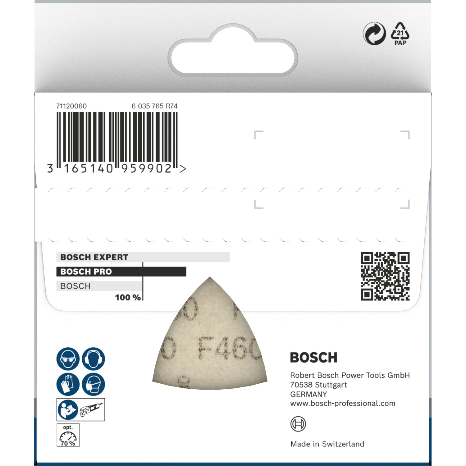 Bosch Delta-Schleifblatt F460, Körnung 180, 5er-Pack für Holz & Lack. Dreieckiges Schleifpapier auf weißer Verpackung.