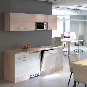 Flex-Well Classic Büroküche Florida, 210 cm, Weiß und Sonoma Eiche mit Spüle, Geschirrspüler und Mikrowelle.
