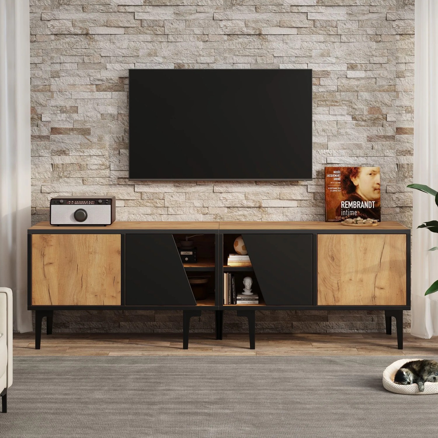 Merax TV Lowboard 160x36x45 cm 4 Fächer Für 65 Zoll TV Holzoptik
