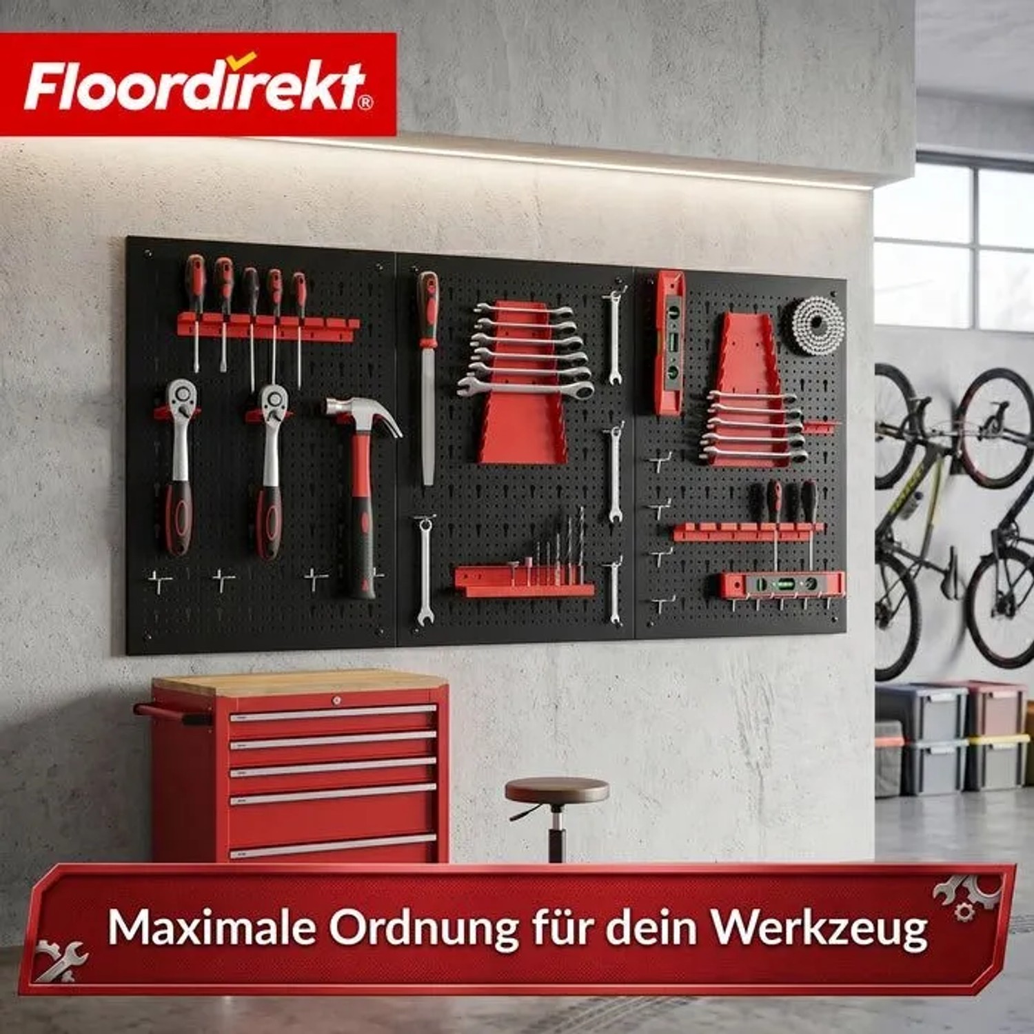 Floordirekt Werkzeugwand Parker Set mit Werkzeug und Werkzeugschrank in Schwarz und Rot.