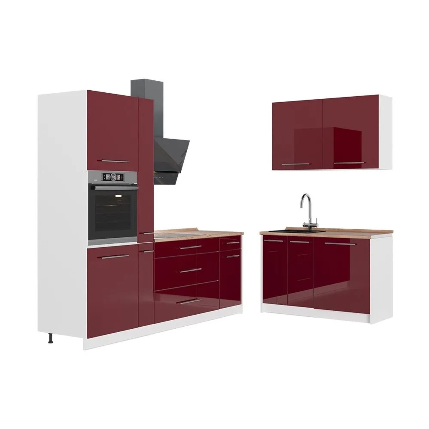 Vicco Küchenzeile Fame-Line Bordeaux Hochglanz/Weiß 220 x 207 AP Marmor Art Nr 65025