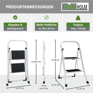 TRUTZHOLM Trittleiter 2 Stufen Klappbar TÜV/GS 150 kg Anti-Rutsch Trittflächen Weiß