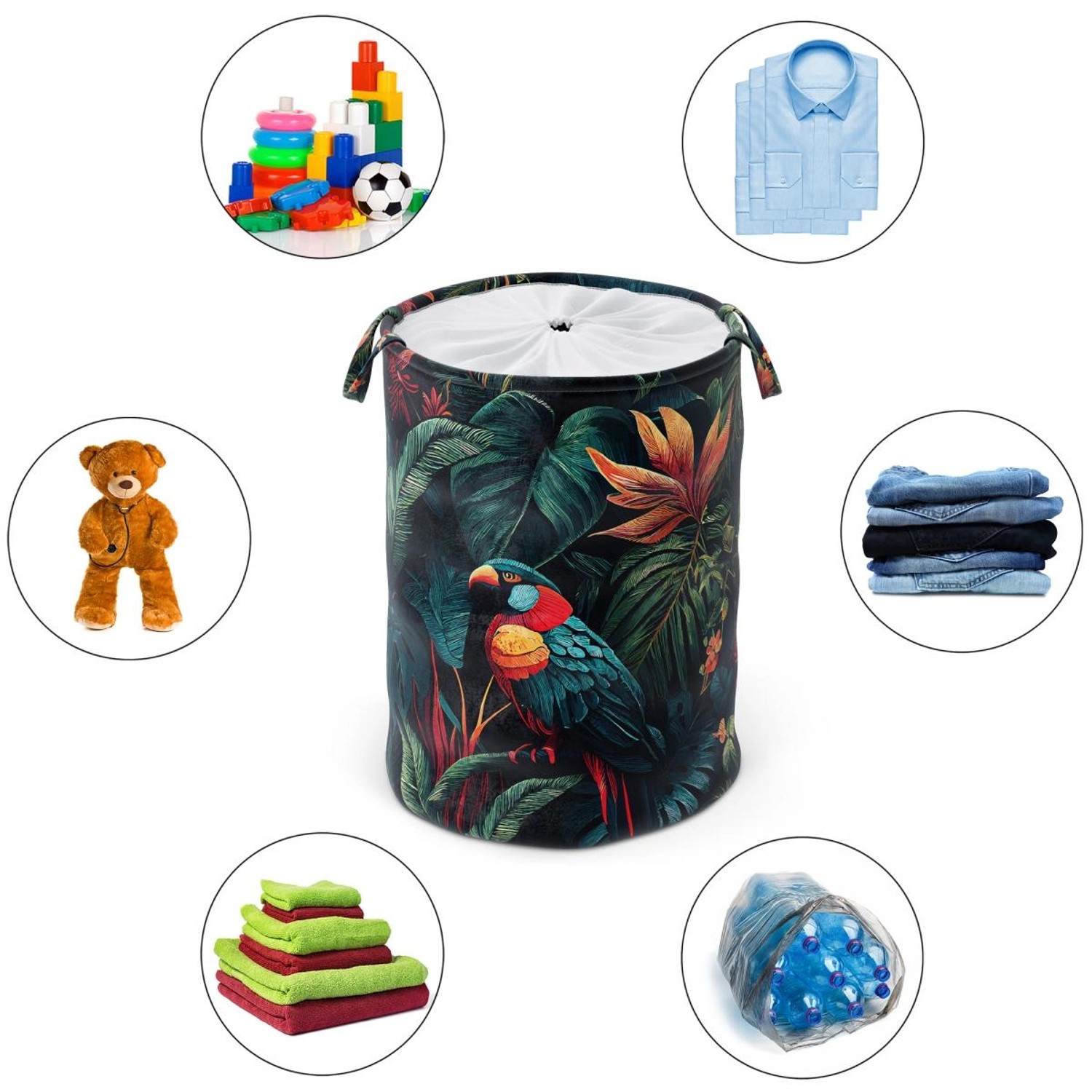 SANILO Wäschekorb Exotic mit Dschungelmotiv und Papagei, ideal zur Aufbewahrung von Wäsche und Spielzeug.