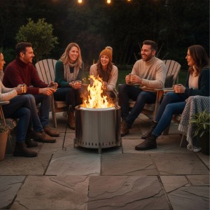 Gruppe von Personen sitzt um eine silberne Relaxdays Feuerschale aus Edelstahl im Garten.
