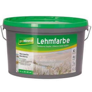 proMineral Lehmfarbe 5 l, warmweiße Innenfarbe im grauen Eimer mit grünem Deckel, feuchtigkeitsregulierend.