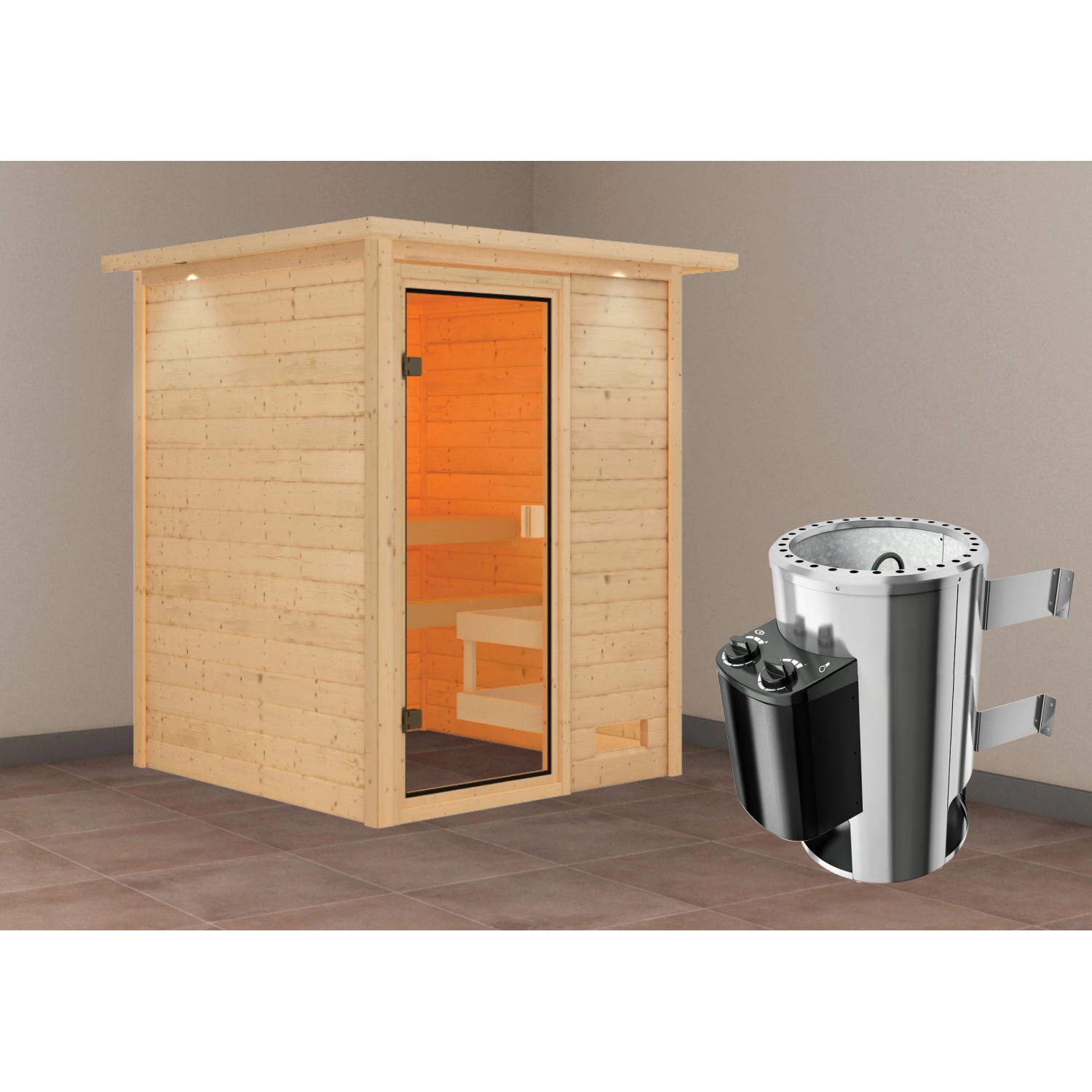 Karibu Sauna Sandra mit Ofen intergrierte Stg.LED-Dachkranz Natur