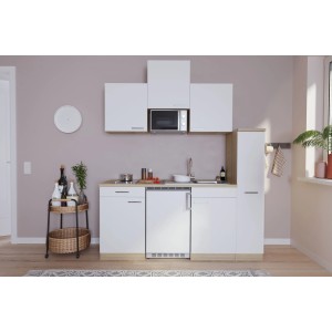 Respekta Küchenzeile KB180ESWMIC in Weiß-Eiche Optik mit E-Geräten wie Kühlschrank und Mikrowelle.