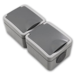 McPower FIX Doppelsteckdose Vertikal IP54, Aufputz, hellgrau/grau, für Feuchtraum & Außenbereich