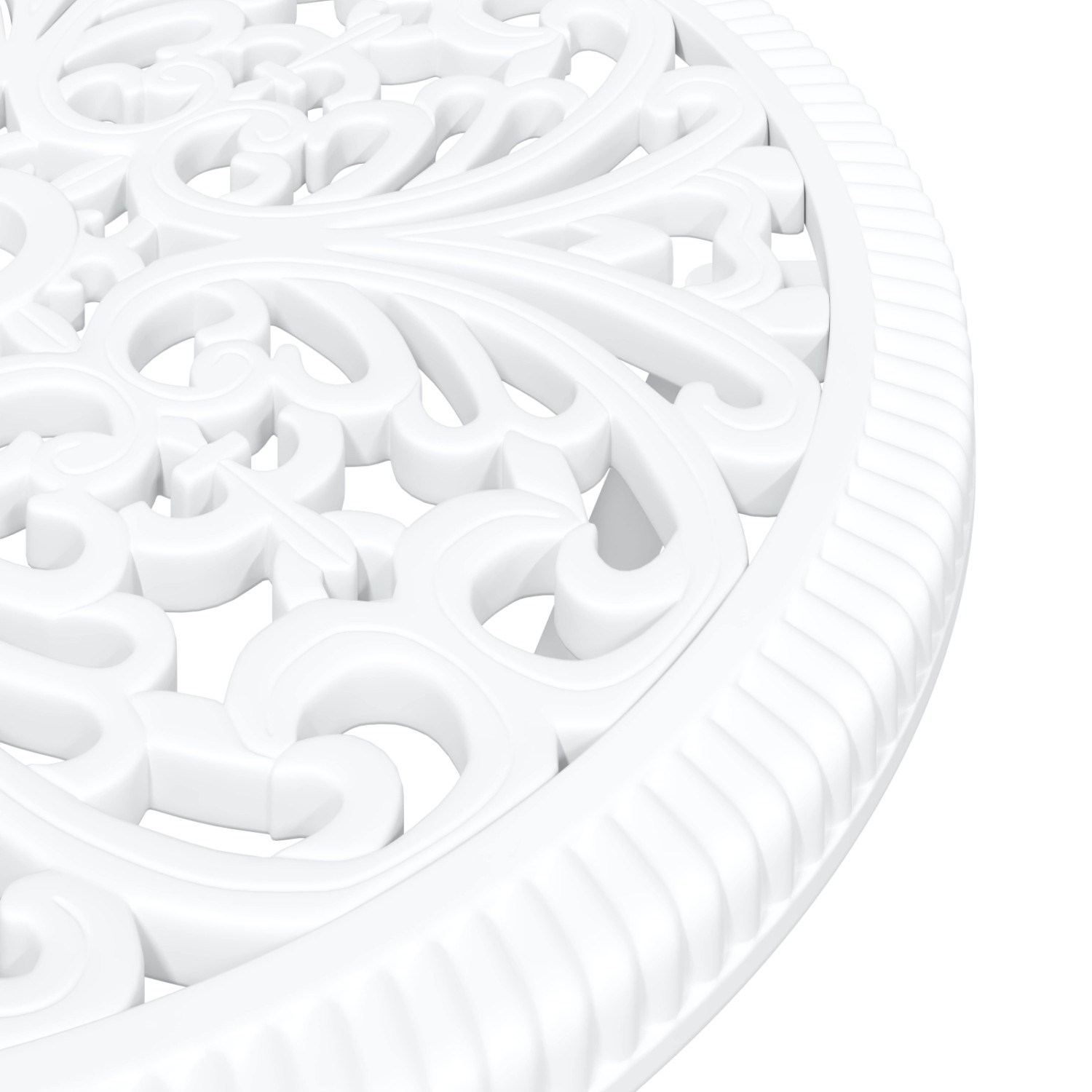 Detailansicht des weißen vidaXL Garten Bistro Sets (3-tlg.) aus Aluminium mit filigranem Muster.