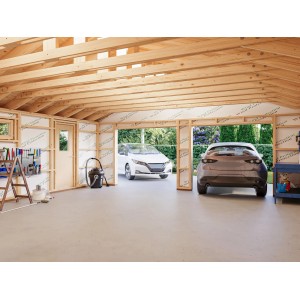Innenansicht der unbehandelten Palmako Garage Andre mit zwei geparkten Autos.