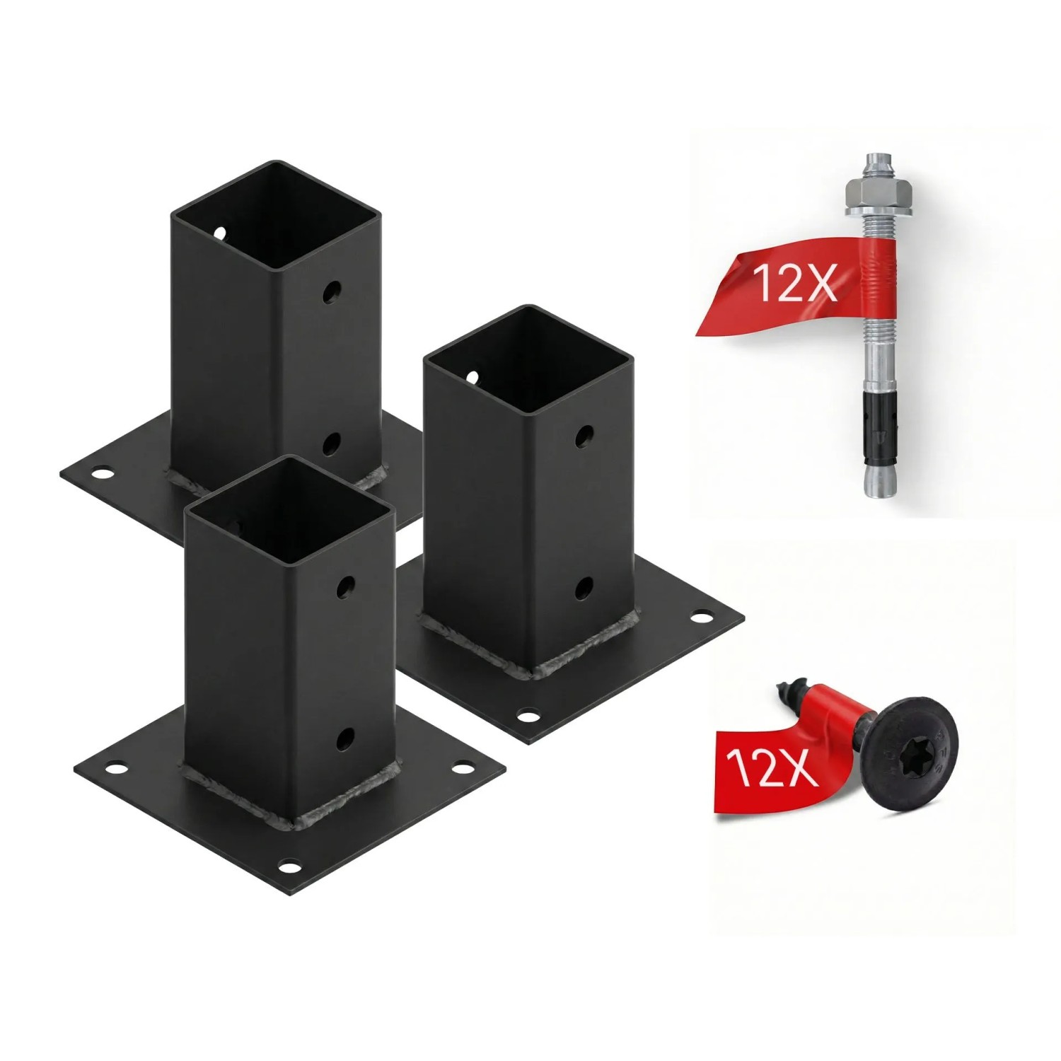 HOLLMAX 3 Stk. Aufschraubhülse/Pfostenträger 71 mm Komplettset Pulverbeschichtet Schwarz für Vierkantpfosten
