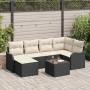 Schwarzes 7-teiliges vidaXL Garten-Sofa-Set aus Poly Rattan mit weißen Kissen und Tisch.