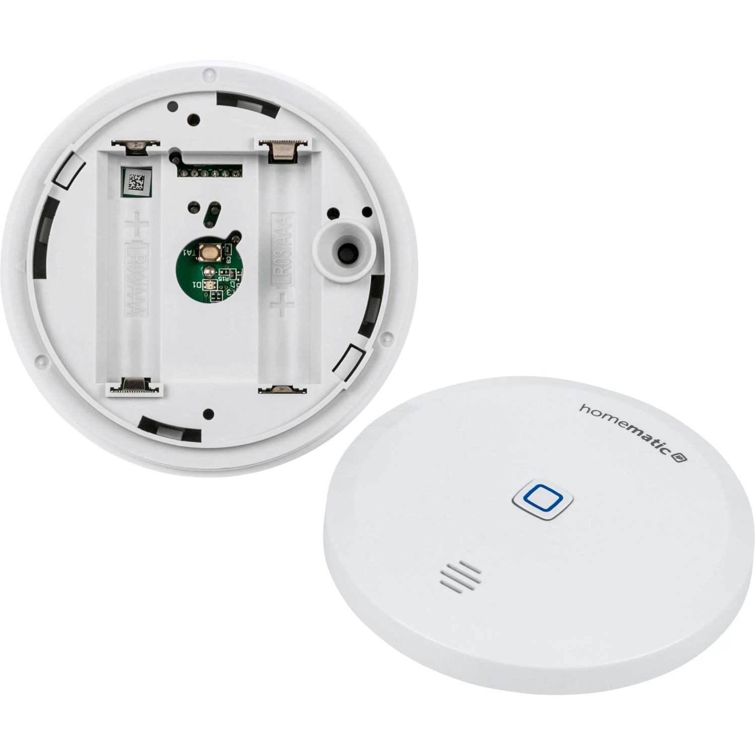 Weißer Homematic IP Wassersensor, offen mit Batteriefach (AAA) und geschlossen mit blauem Knopf. Smart Home Feuchtigkeitssensor.