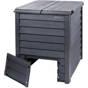 Garantia Thermo-Wood Komposter, 400 l, anthrazit-braun mit Holzoptik und Entnahmeklappe.