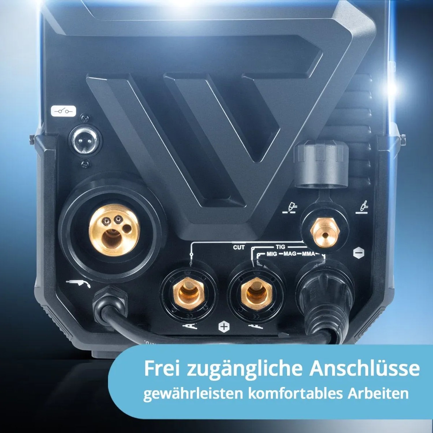 Rückseite des 6-in-1 Schweißgeräts CTM-250 mit gut zugänglichen Anschlüssen für WIG, MIG/MAG, MMA und Plasmaschneider.