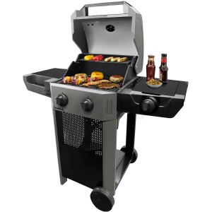 Buschbeck Gasgrill Grenada mit 2 Brennern, Grillgut und Seitenablagen.