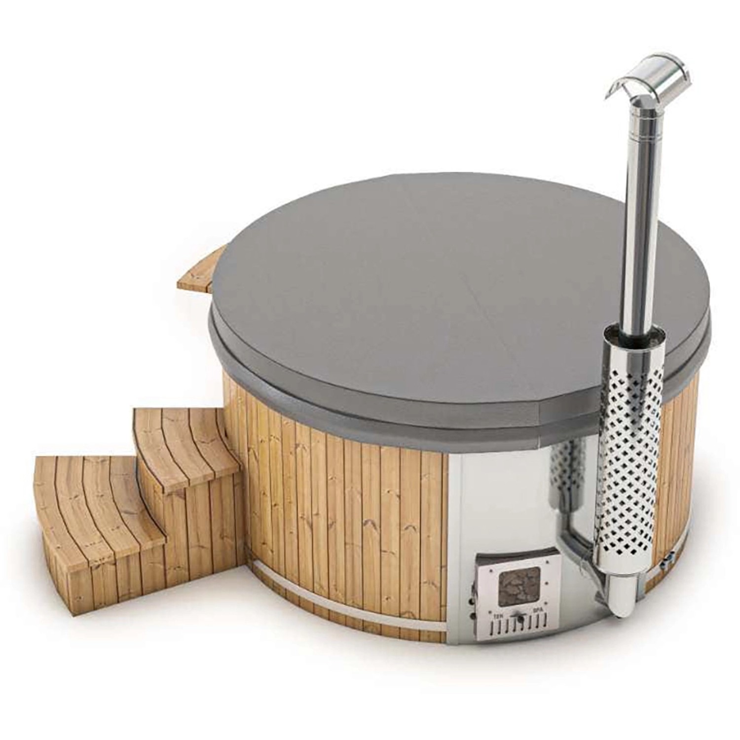 Finntherm Holz Badefass Stockholm mit Thermoholz-Verkleidung, Ofen und Abdeckung.