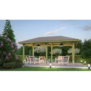 Kesseldruckimprägnierte Weka Gartenlaube Paradies B mit Sitzgruppe im Garten.