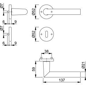 Technische Zeichnung: Hoppe Rosetten Garnitur Amsterdam OB, Türbeschlag mit Maßen.